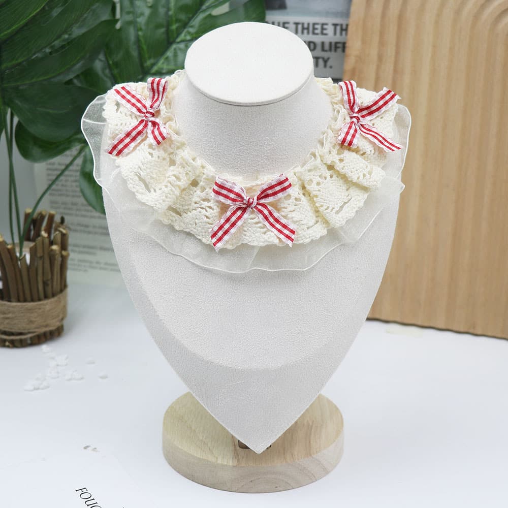 Little Bow Lace Scarf — Beige Plaid, M