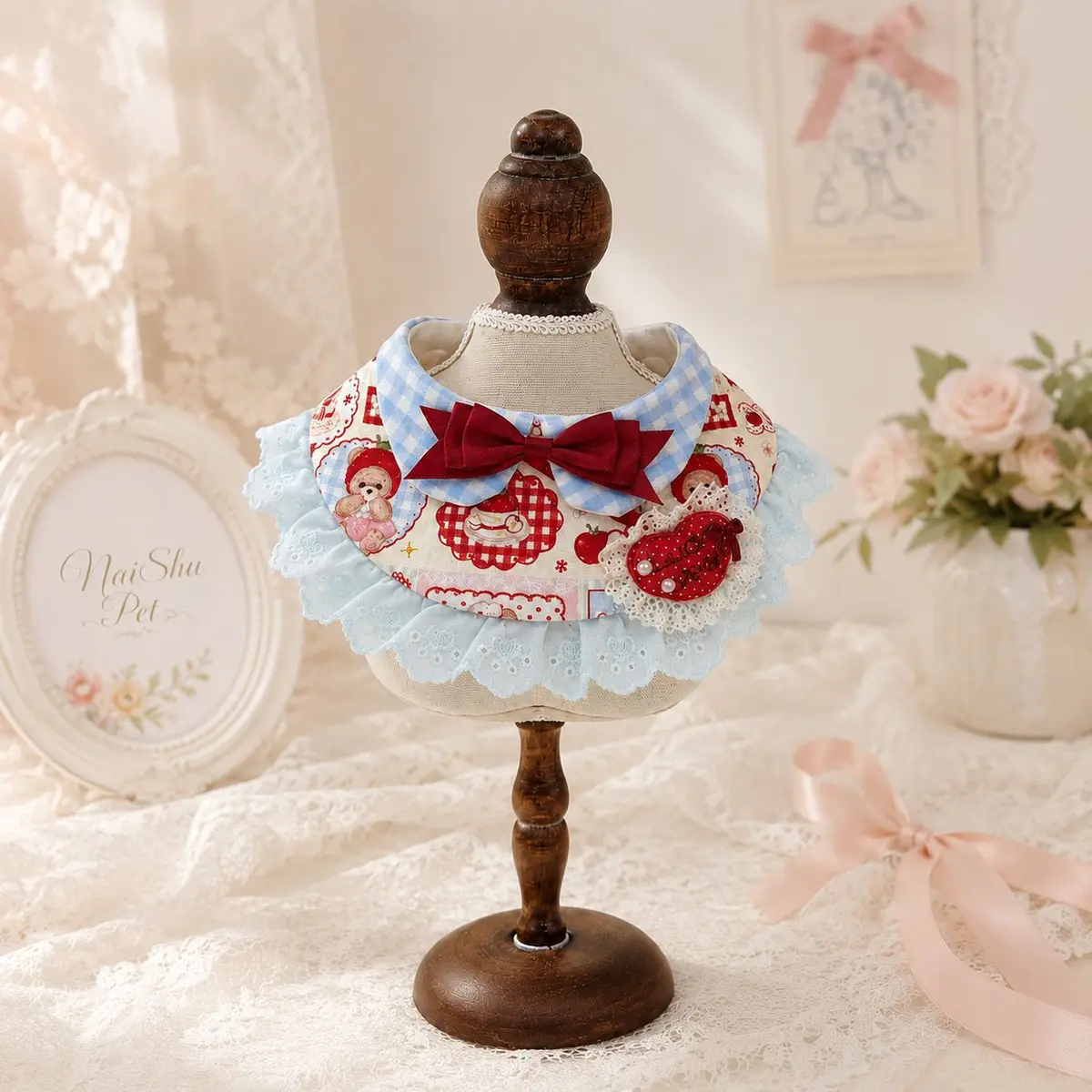 Strawberry Bear Lace Bib for Dogs & Cats — L