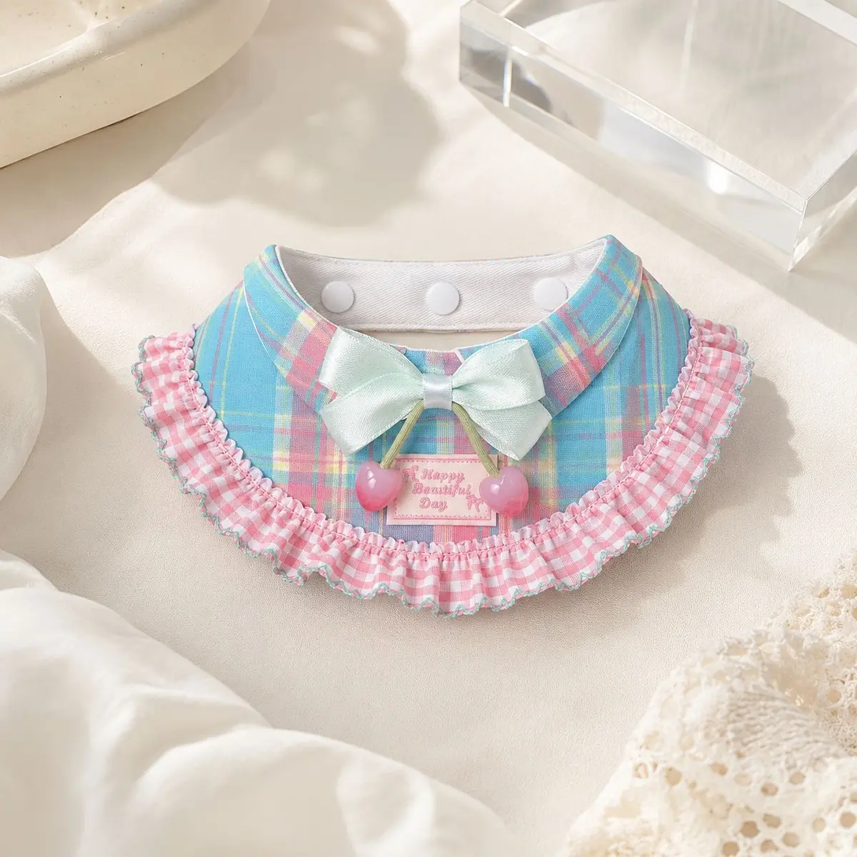 Cherry Heart Plaid Bib